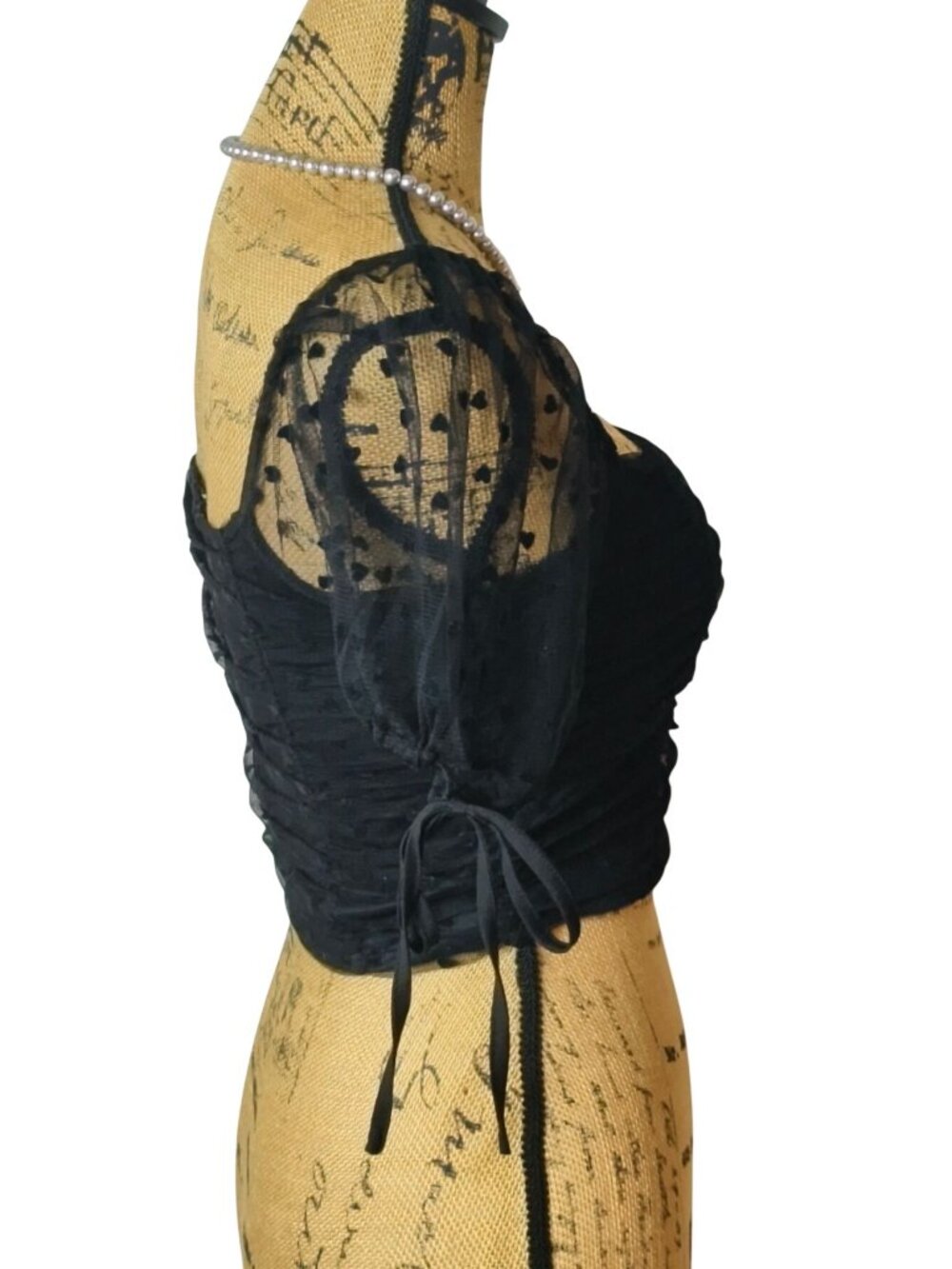 Forever 21 S Crop Y2k Black Puff Slvs Mesh Ruched Heart Print Tie Detail Flirty - Picture 3 of 8